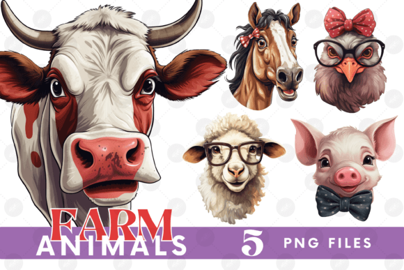 Funny Farm Animals Clip Art Sublimation Graphics and Illustrations